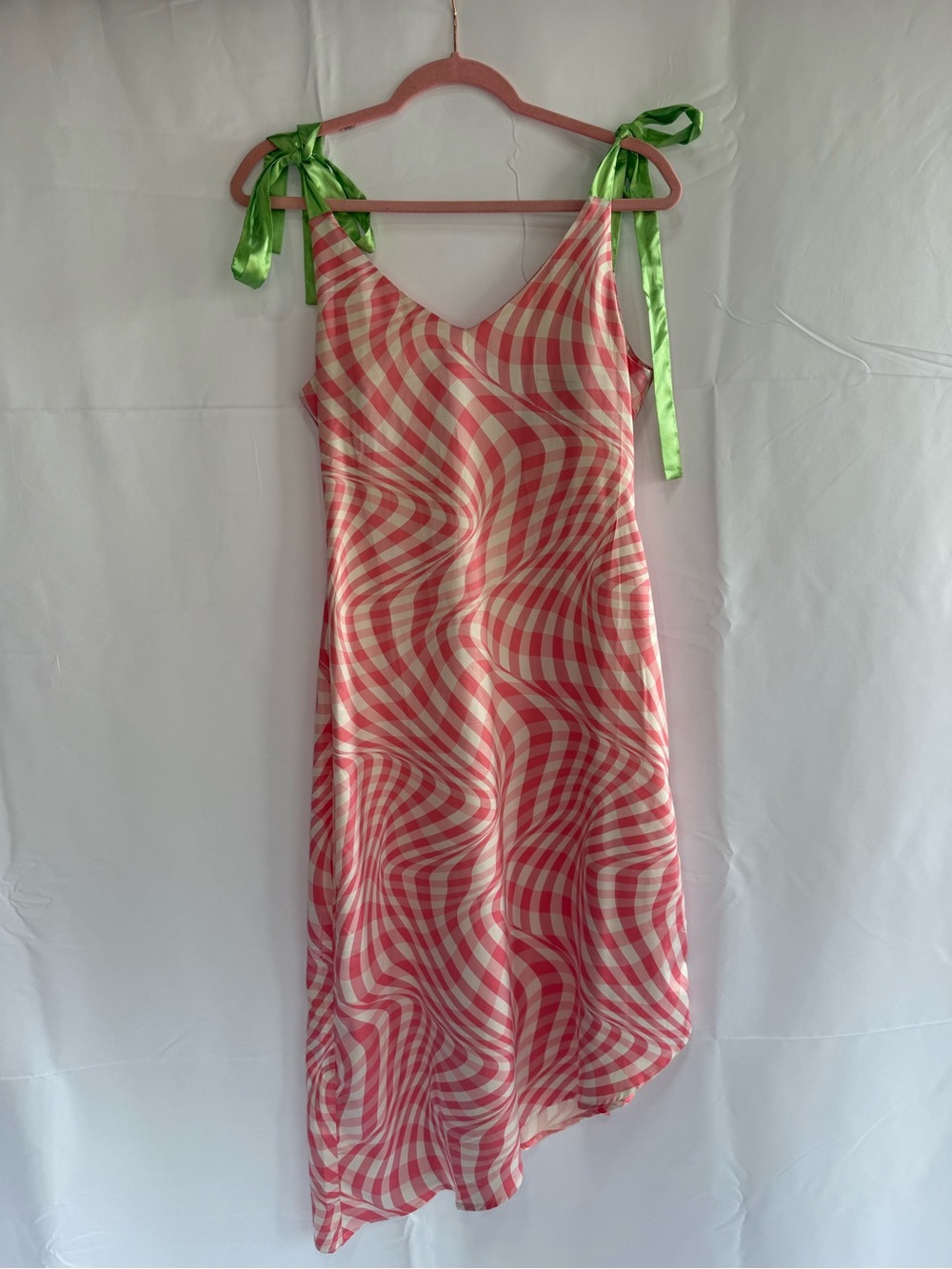 Pink Swirl Midi Dress with Green Tie Straps